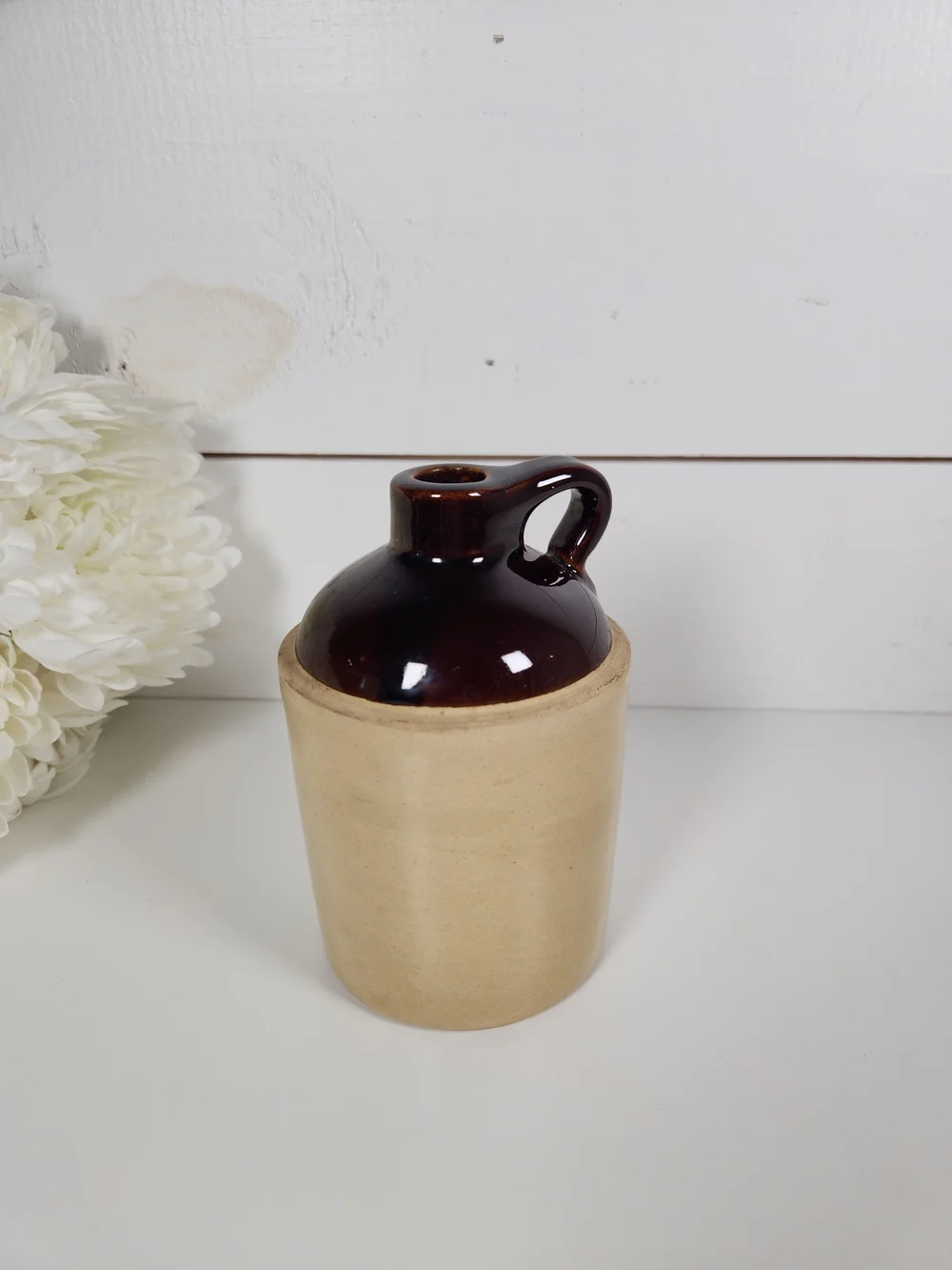 Small Vintage Brown & Beige Stoneware Pottery Jug | Rustic Farmhouse Decor